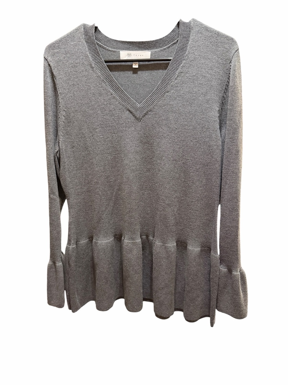 Fever Gray V-Neck Ruffle Hem Sweater